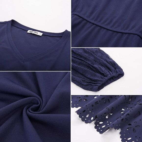 NWT Romantic Elegant Lace Lantern Sleeve A Line Cut Out Swing Skater Navy Dress - Picture 5 of 16